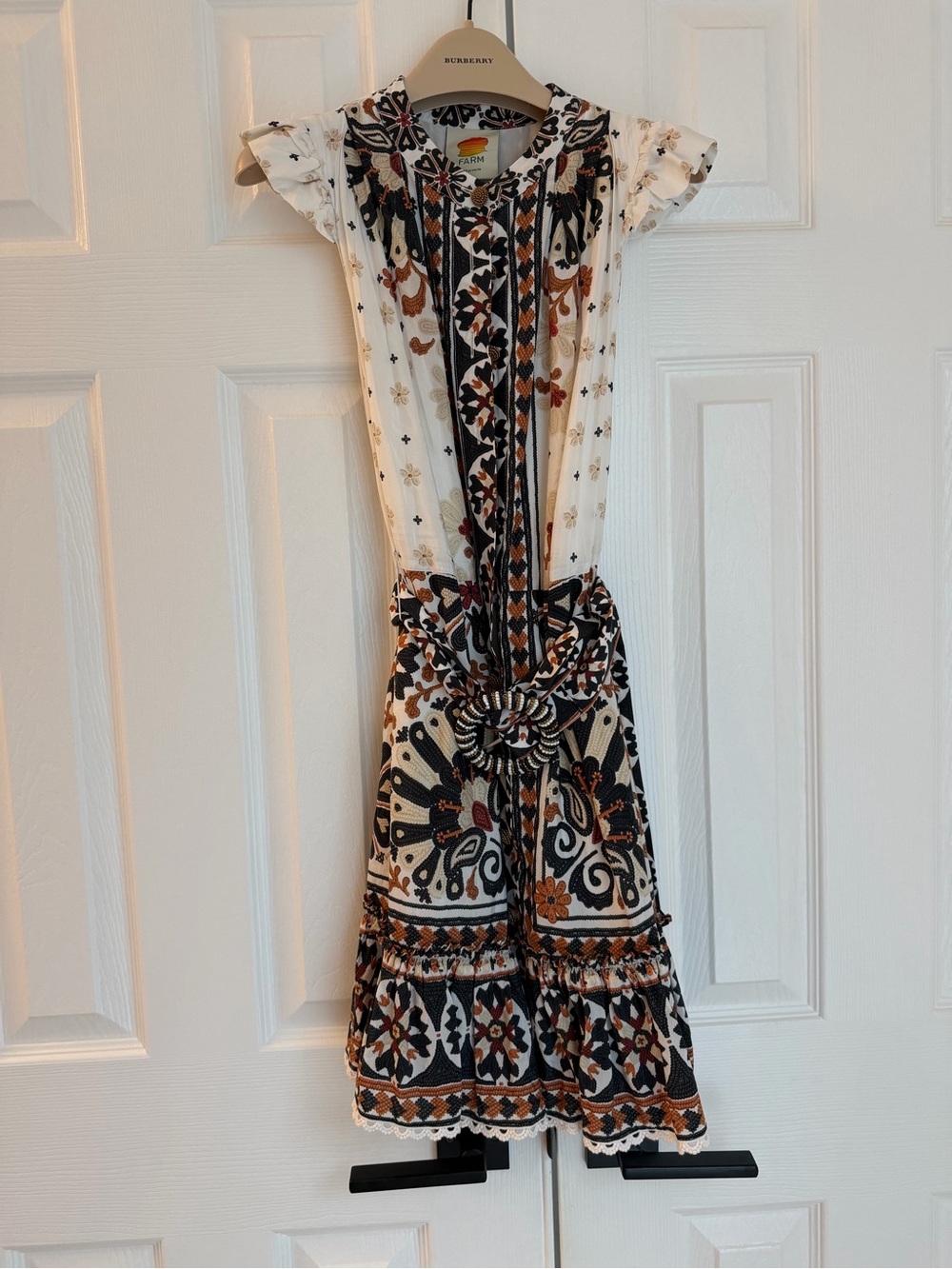 FARM Rio Cream Midi Dress with Black and Brown Floral Panels